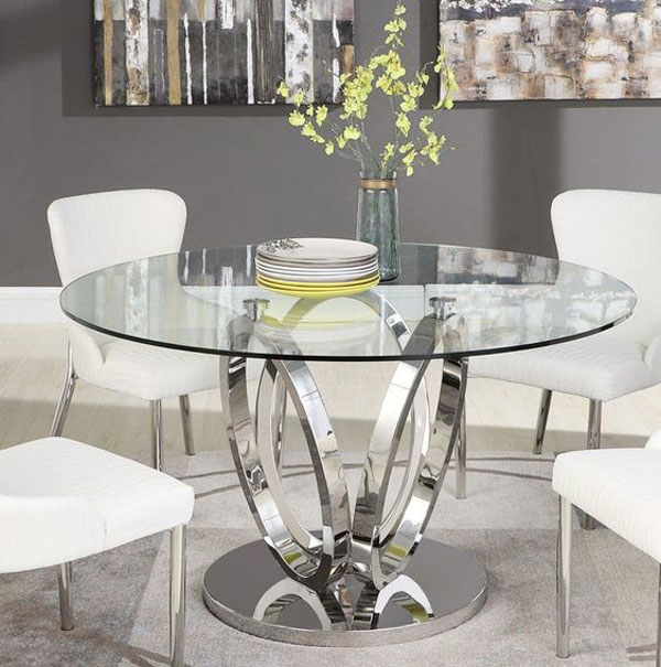 مدل میز ناهارخوری شیشه ای گرد ساده با پایه فلزی