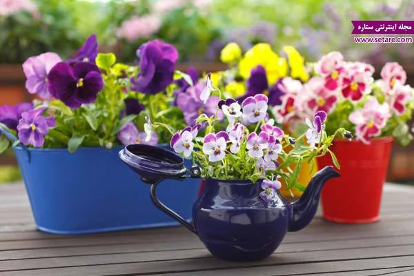 عکس  استفاده از قوری برای باغ خانگی