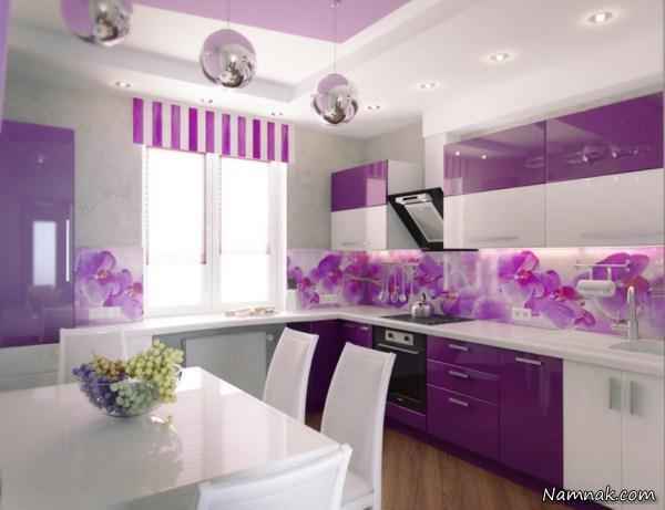 آشپزخانه با کابینت بنفش سفید کابینت بنفش