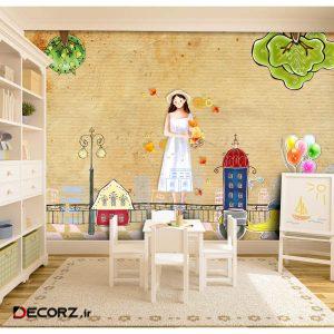 پوستر دیواری اتاق کودک طرح دخترک و سبد کد pk133