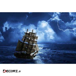 تابلو شاسی طرح نقاشی دریا و کشتی و رعد برق مدل T1219