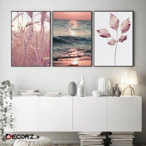 تابلو روما دیزاین طرح برگ و غروب دریا و گندم زار A114d مجموعه ۳ عددی