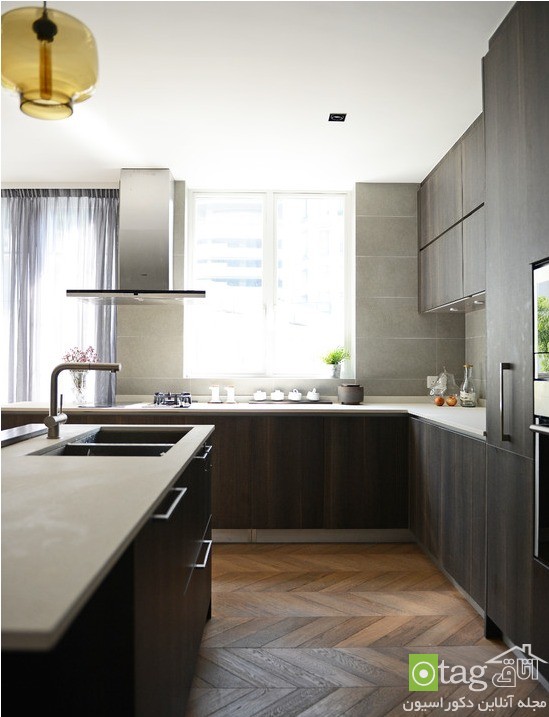 طراحی دکوراسیون آشپزخانه مدرن با کابینت های تیره رنگ / عکس