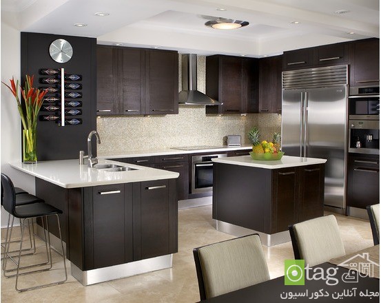 طراحی دکوراسیون آشپزخانه مدرن با کابینت های تیره رنگ / عکس